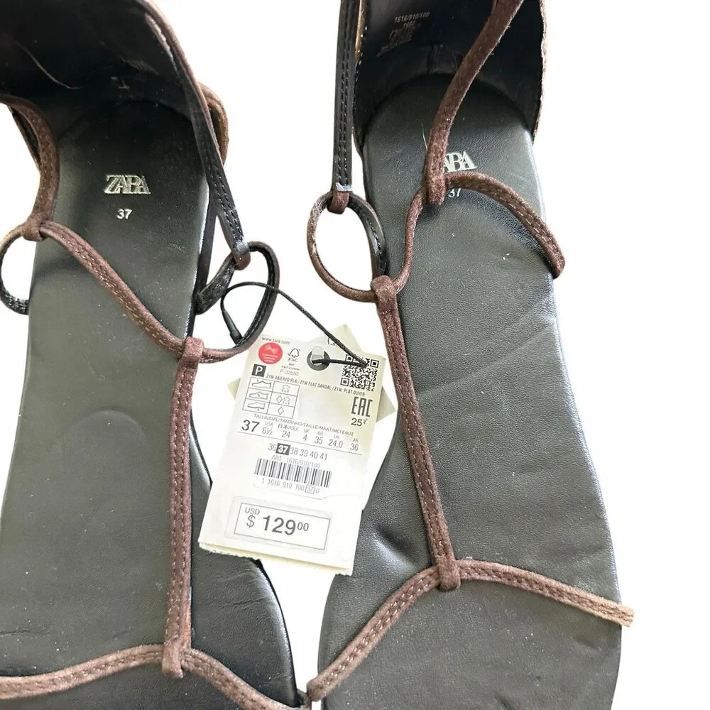 NWT Zara Sandals 37 US 6.5 Flat Brown Suede Leather Gladiator  REF 1616/910 - Picture 9 of 10